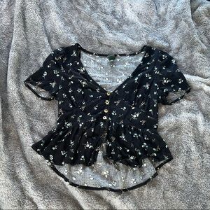 floral crop button up navy blue top size xs